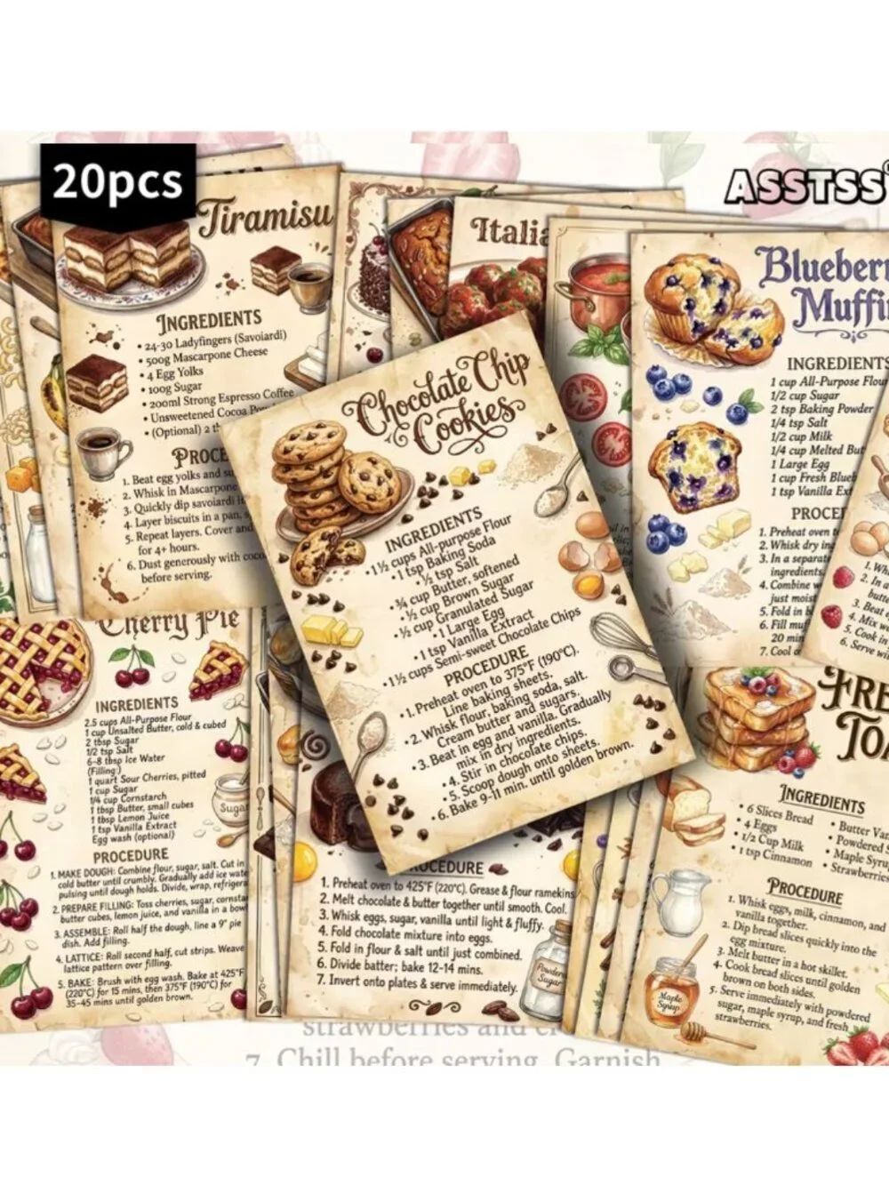 NWT 20pc Vintage Dessert Recipe Cards Aesthetic Kitchen Decor Postcards